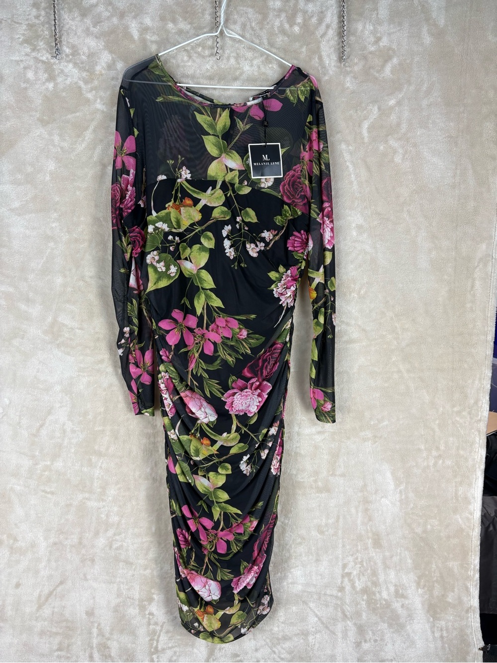 Black Floral Long-Sleeve Ruched Midi Dress by Melanie Lyne